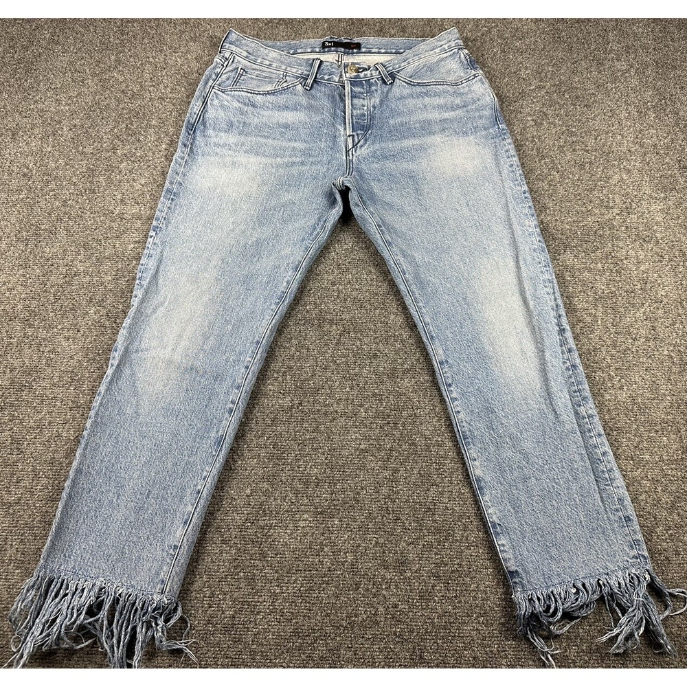 3x1 NYC Mid Rise Cropped Frayed Jeans Women Sz 28X24 Light Blue USA Made Fringe